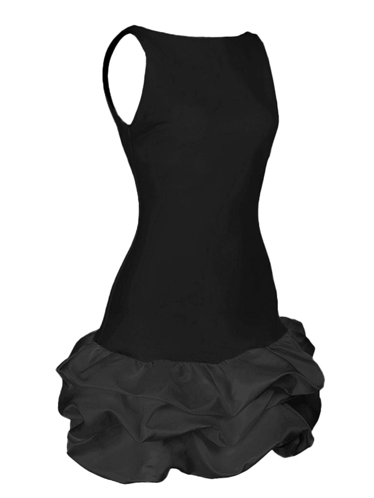 Black 1960s Satin Bubble Hem Boat Neck Dress