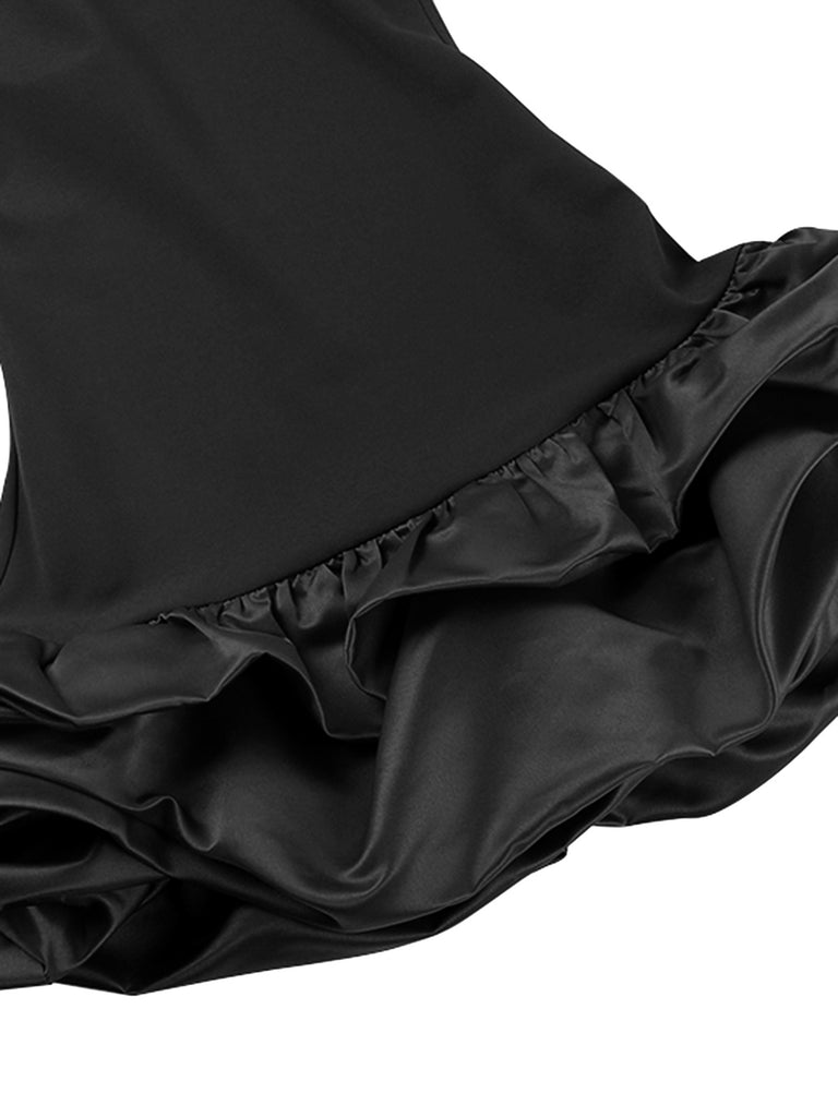 Black 1960s Satin Bubble Hem Boat Neck Dress