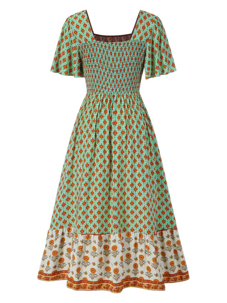 Green 1970s Bohemian Square Neck Floral Dress