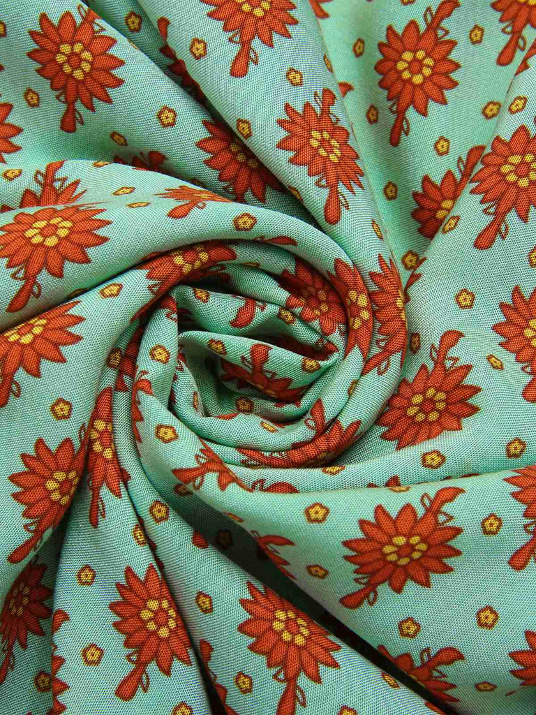 Green 1970s Bohemian Square Neck Floral Dress