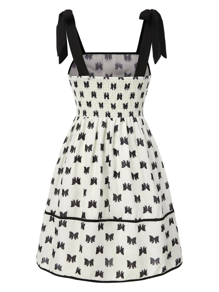 Cream 1950s Bow Tie-Up Straps Smocked Dress