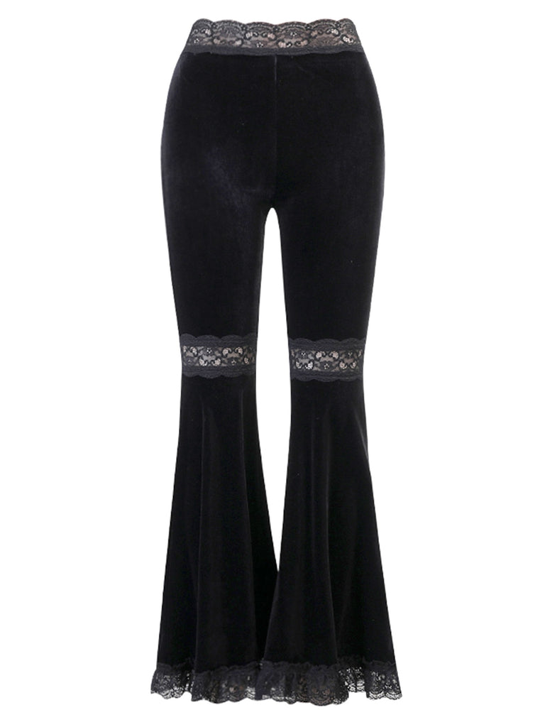 Black 1940s Lace Pathwork Velvet Bootcut Pants