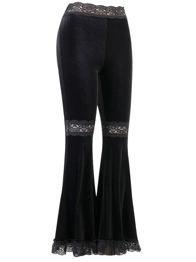 Black 1940s Lace Pathwork Velvet Bootcut Pants