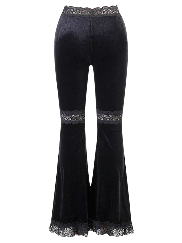 Black 1940s Lace Pathwork Velvet Bootcut Pants