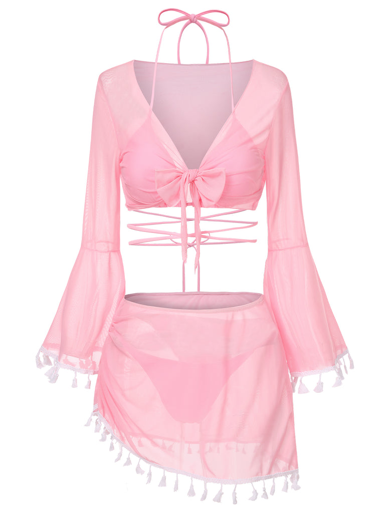 4PCS  1940s Fringe V-Neck Swimsuit & Cover-Up