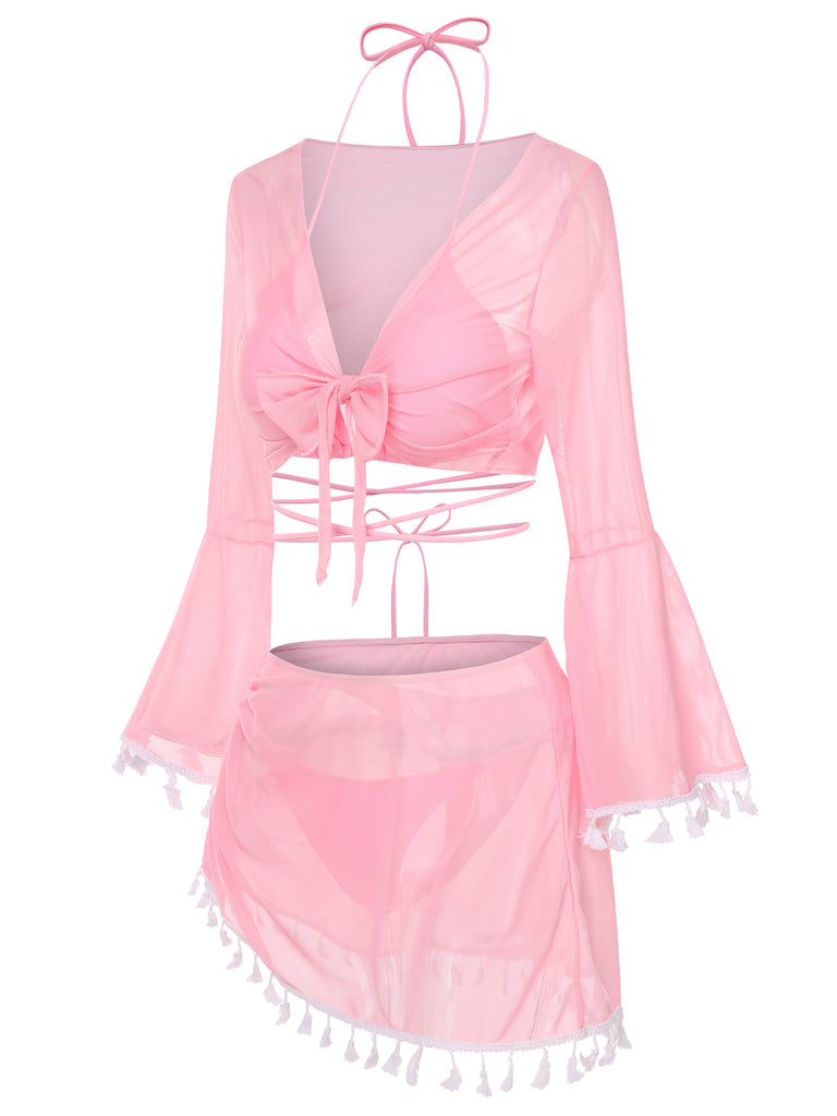 4PCS  1940s Fringe V-Neck Swimsuit & Cover-Up