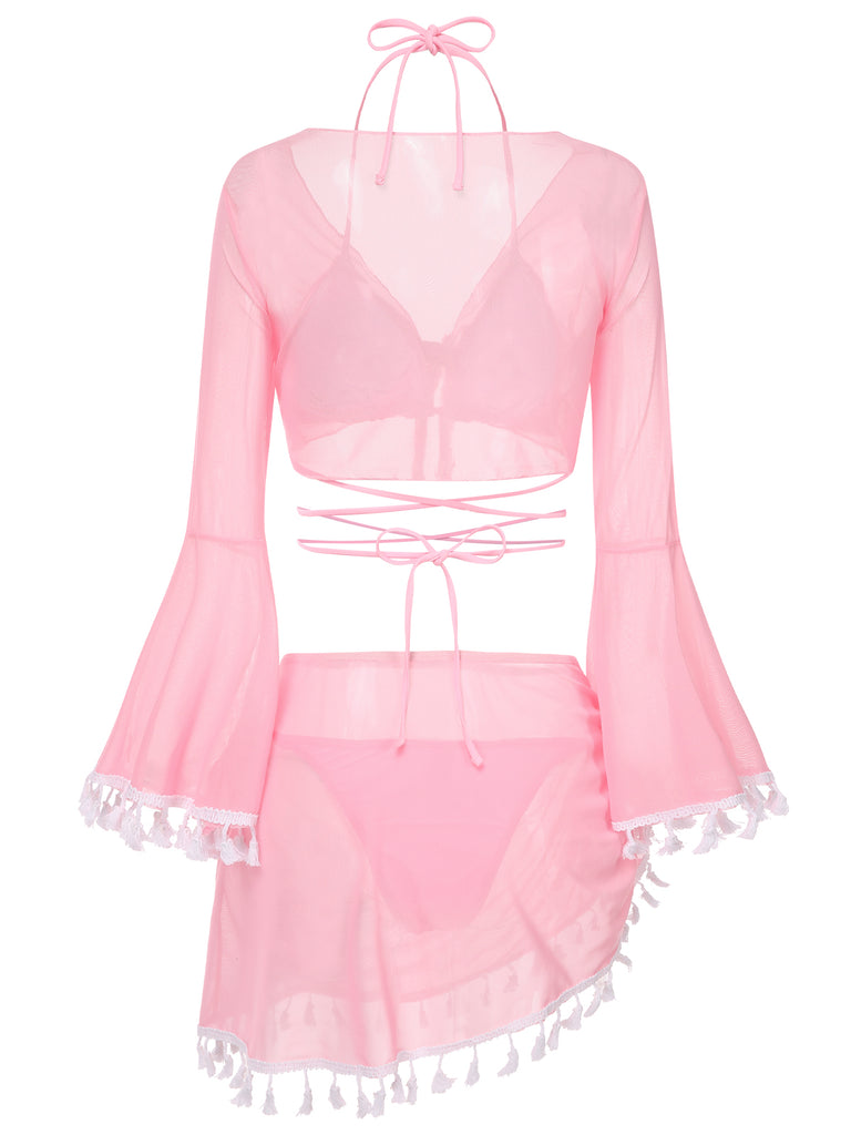 4PCS  1940s Fringe V-Neck Swimsuit & Cover-Up