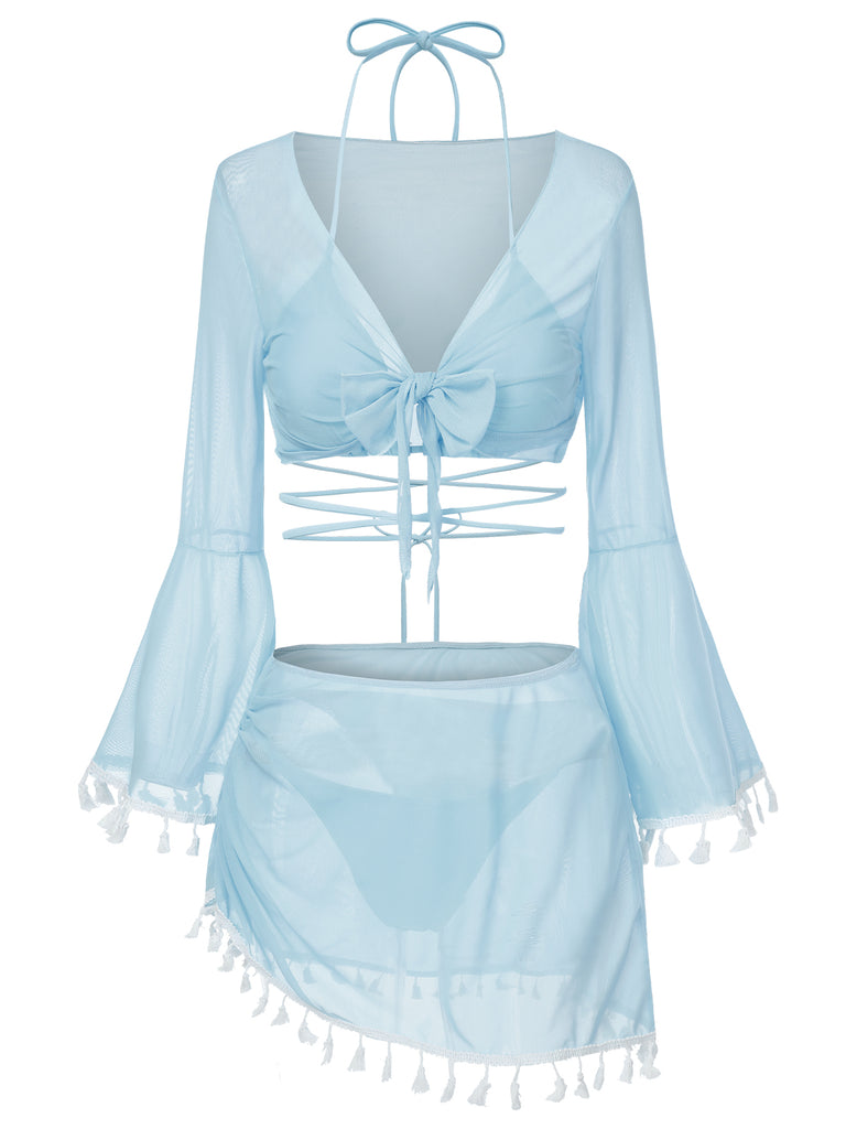 4PCS  1940s Fringe V-Neck Swimsuit & Cover-Up