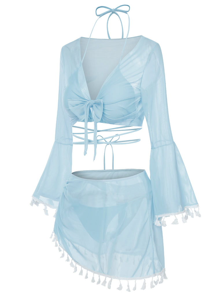 4PCS  1940s Fringe V-Neck Swimsuit & Cover-Up