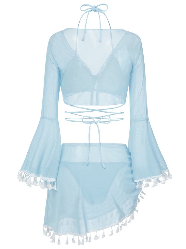 4PCS  1940s Fringe V-Neck Swimsuit & Cover-Up