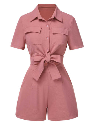 2PCS 1940s Solid Lace-Up Top & High-Waist Shorts