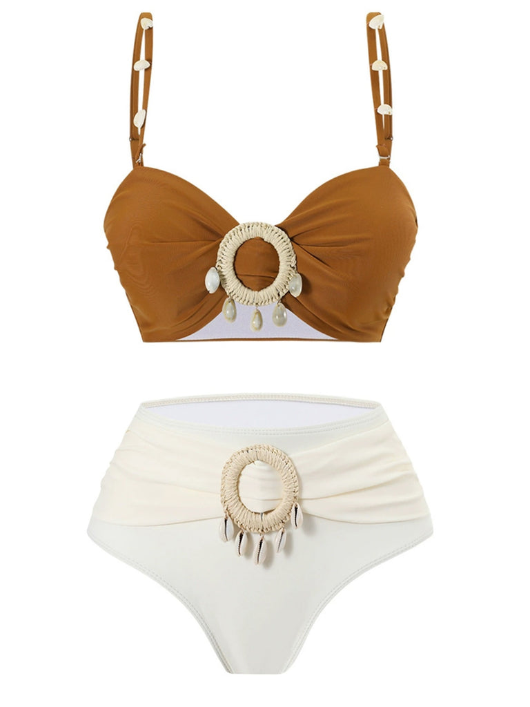Brown 1940s Colorblock Boho Seashell Bikini Set