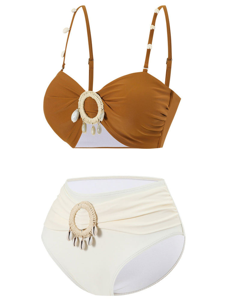 Brown 1940s Colorblock Boho Seashell Bikini Set