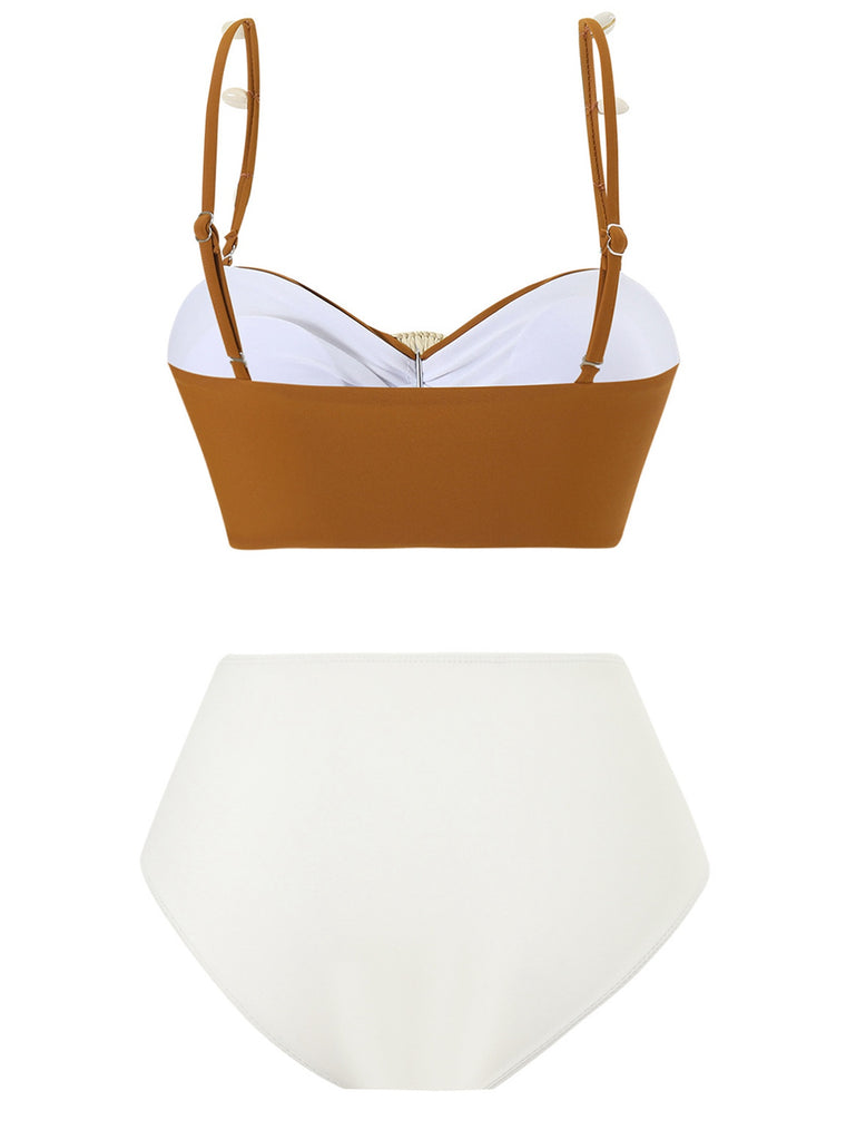 Brown 1940s Colorblock Boho Seashell Bikini Set
