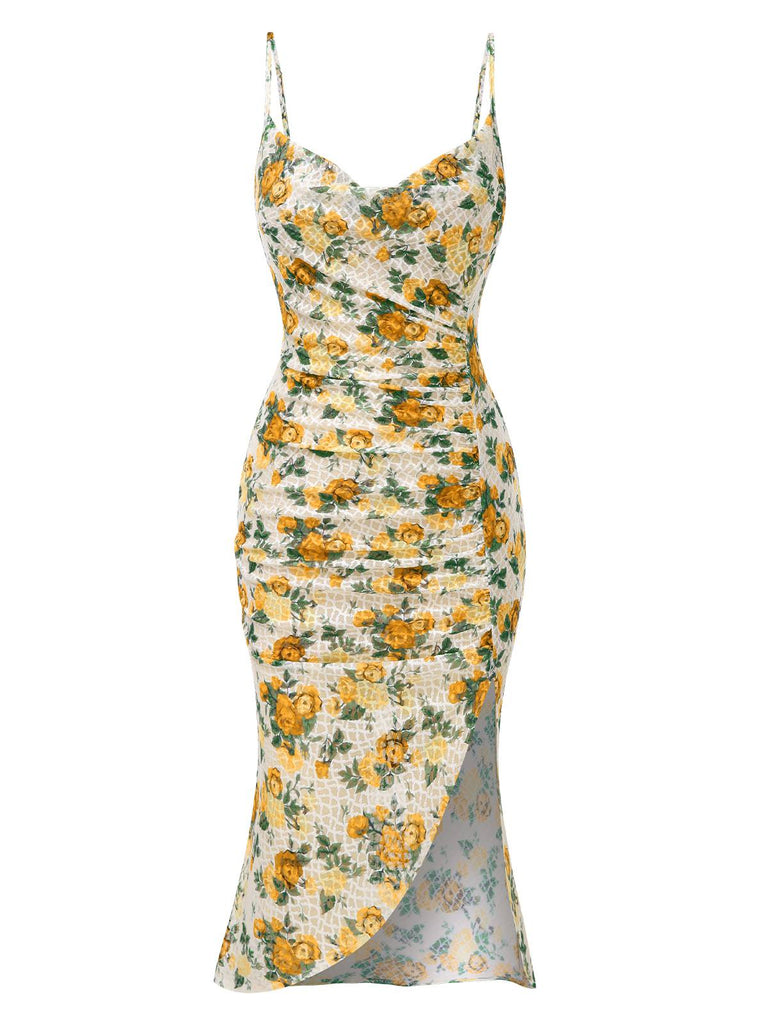Yellow 1930s Roses Cowl Neck Fishtail Ruched Dress