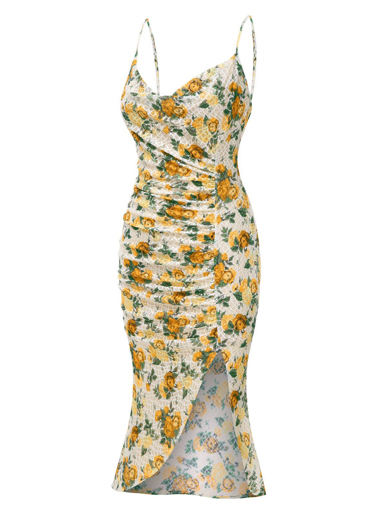 Yellow 1930s Roses Cowl Neck Fishtail Ruched Dress