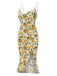 Yellow 1930s Roses Cowl Neck Fishtail Ruched Dress