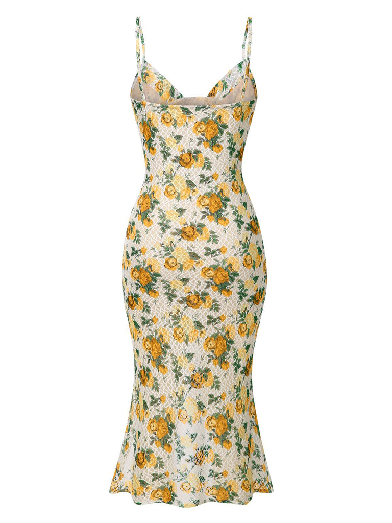 Yellow 1930s Roses Cowl Neck Fishtail Ruched Dress