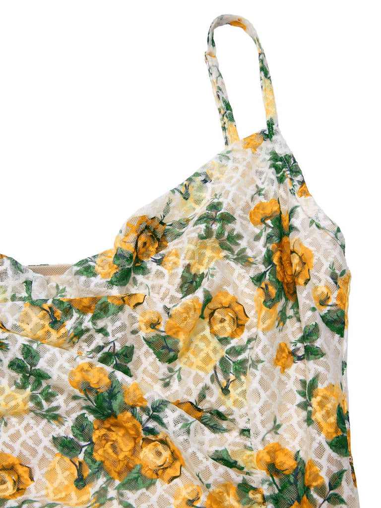 Yellow 1930s Roses Cowl Neck Fishtail Ruched Dress