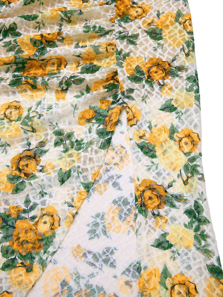 Yellow 1930s Roses Cowl Neck Fishtail Ruched Dress