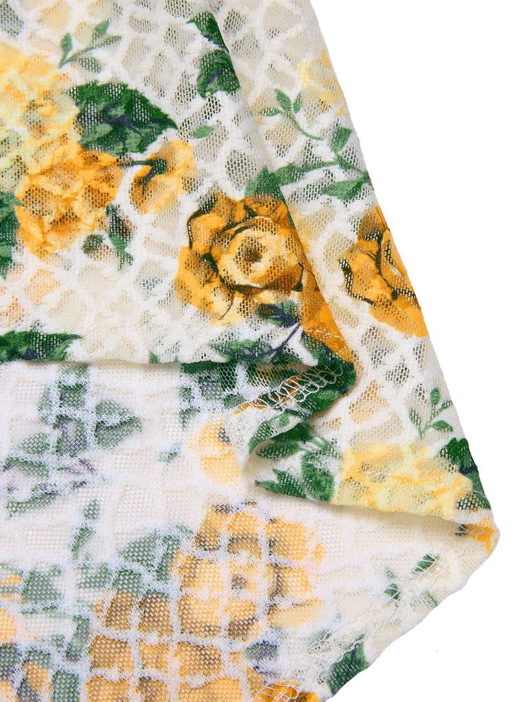 Yellow 1930s Roses Cowl Neck Fishtail Ruched Dress