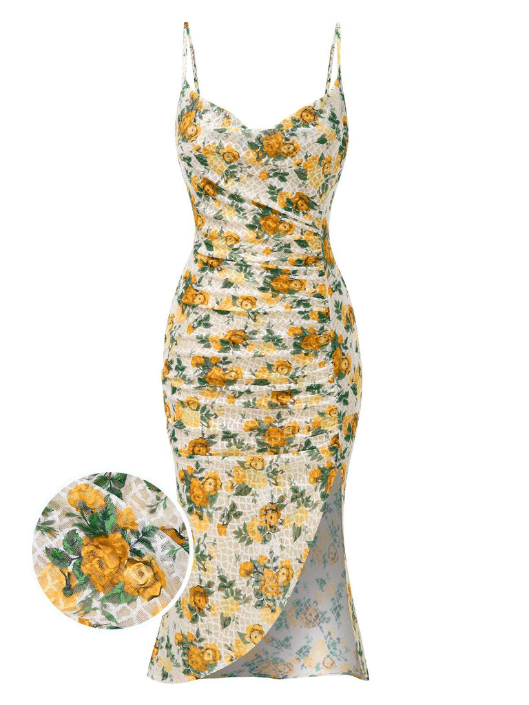 Yellow 1930s Roses Cowl Neck Fishtail Ruched Dress