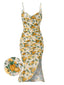Yellow 1930s Roses Cowl Neck Fishtail Ruched Dress
