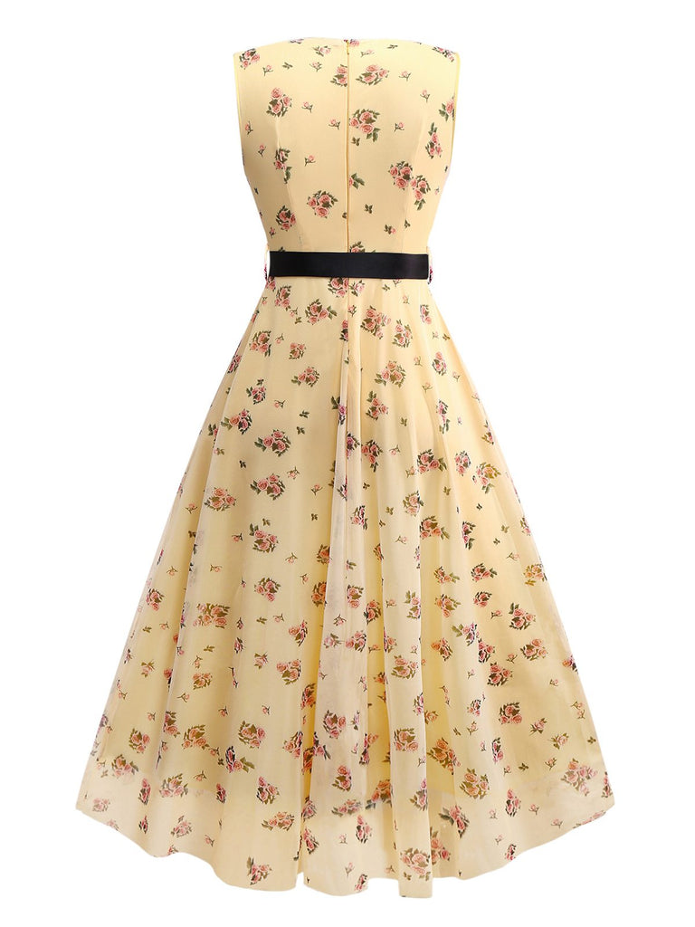 Yellow 1930s Ditsy Floral Mesh Sleeveless Ribbon Dress