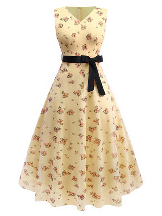 Yellow 1930s Ditsy Floral Mesh Sleeveless Ribbon Dress