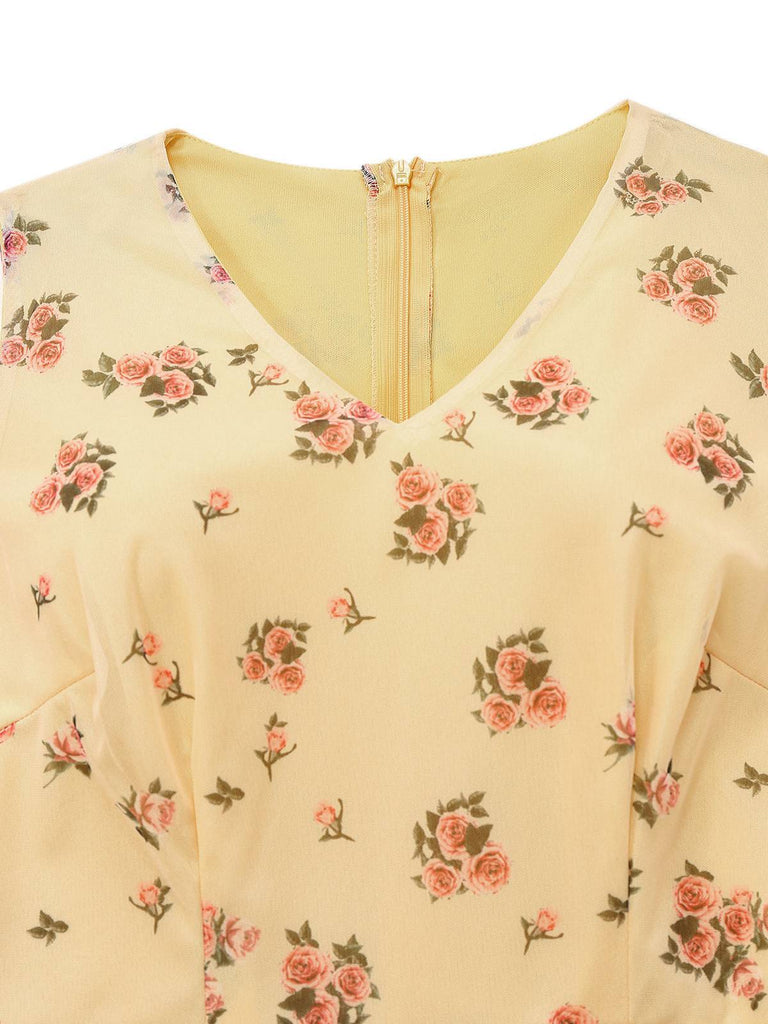 Yellow 1930s Ditsy Floral Mesh Sleeveless Ribbon Dress