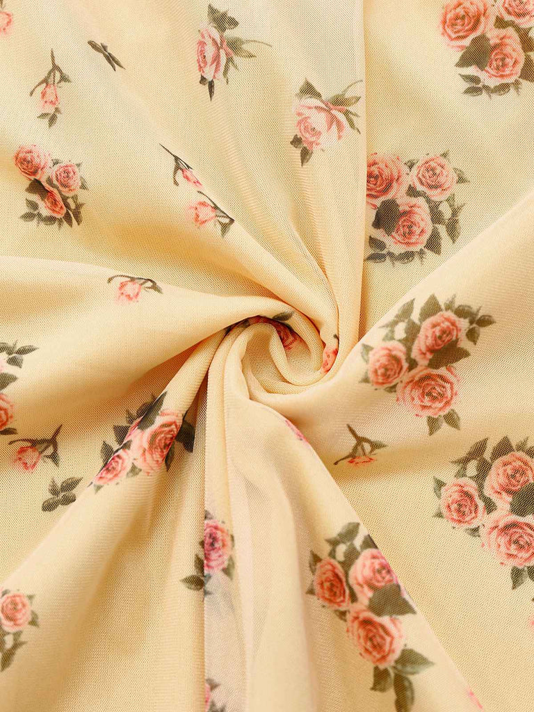 Yellow 1930s Ditsy Floral Mesh Sleeveless Ribbon Dress