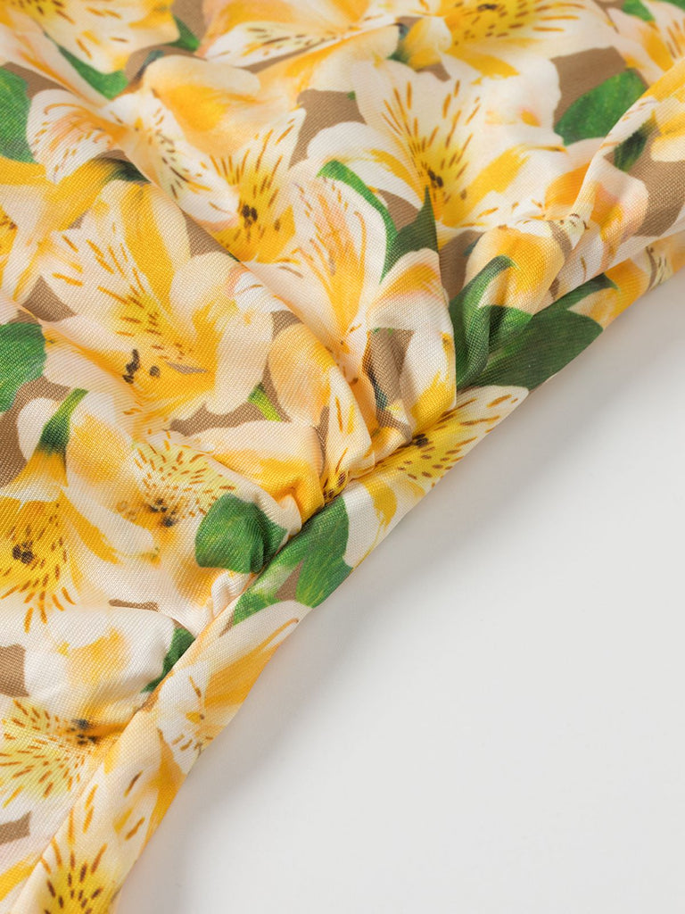 Yellow 1960s Back Lace-Up Ruched Floral Dress