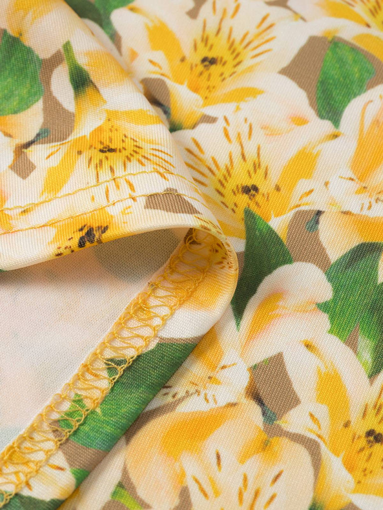 Yellow 1960s Back Lace-Up Ruched Floral Dress