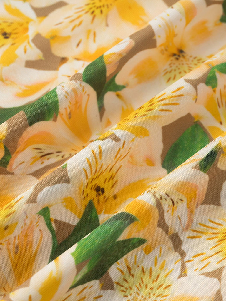Yellow 1960s Back Lace-Up Ruched Floral Dress