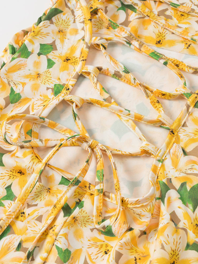Yellow 1960s Back Lace-Up Ruched Floral Dress