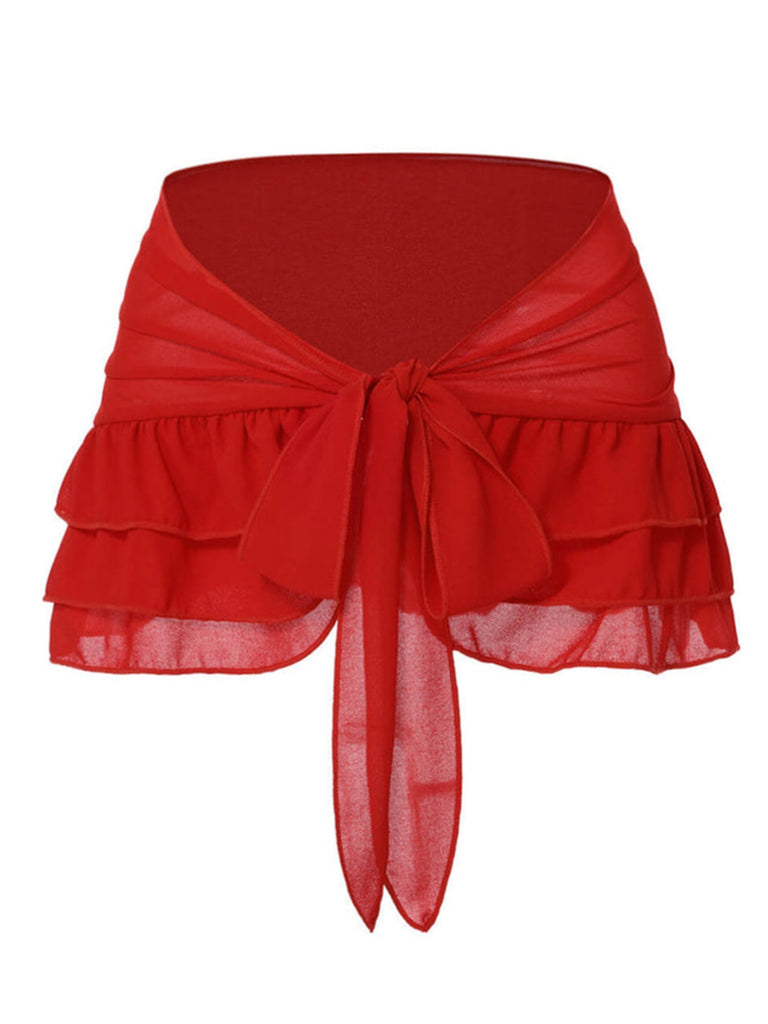 [Plus Size] Red 1960s Roses Halter Bikini & Skirt Cover-Up