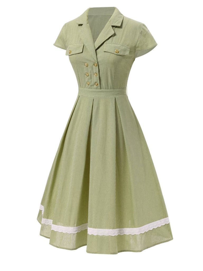 Green 1940s Lace Plaid Cotton Patchwork Dress