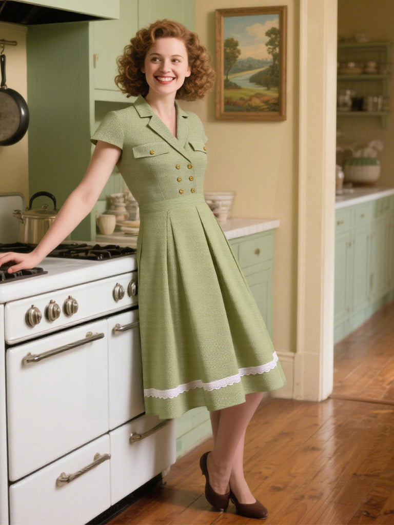 Green 1940s Lace Plaid Cotton Patchwork Dress