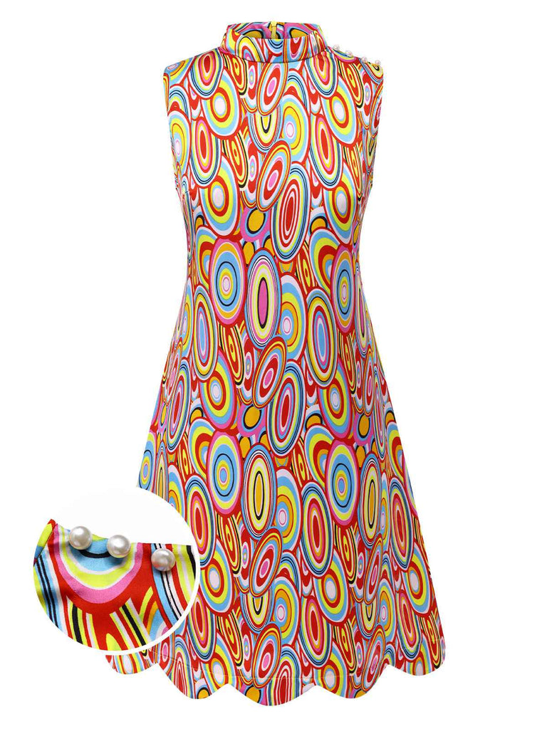 Multicolor 1960s Pearl Button Sleeveless Dress
