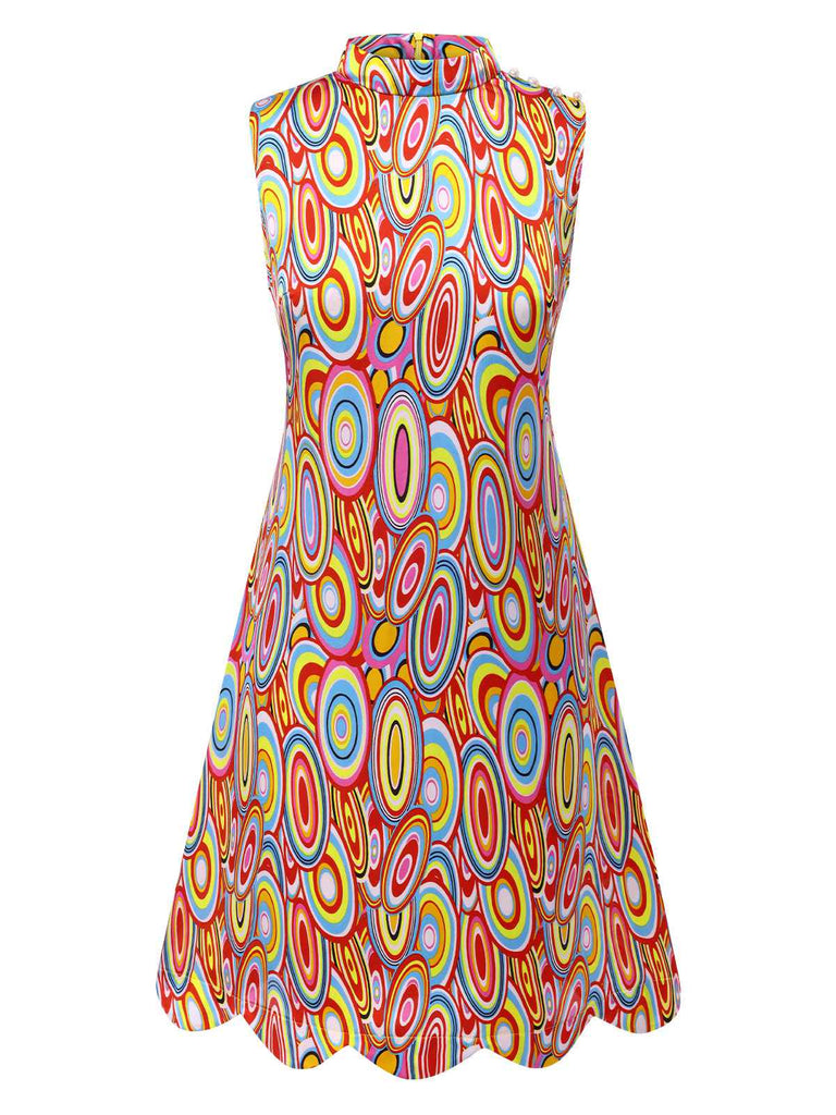Multicolor 1960s Pearl Button Sleeveless Dress