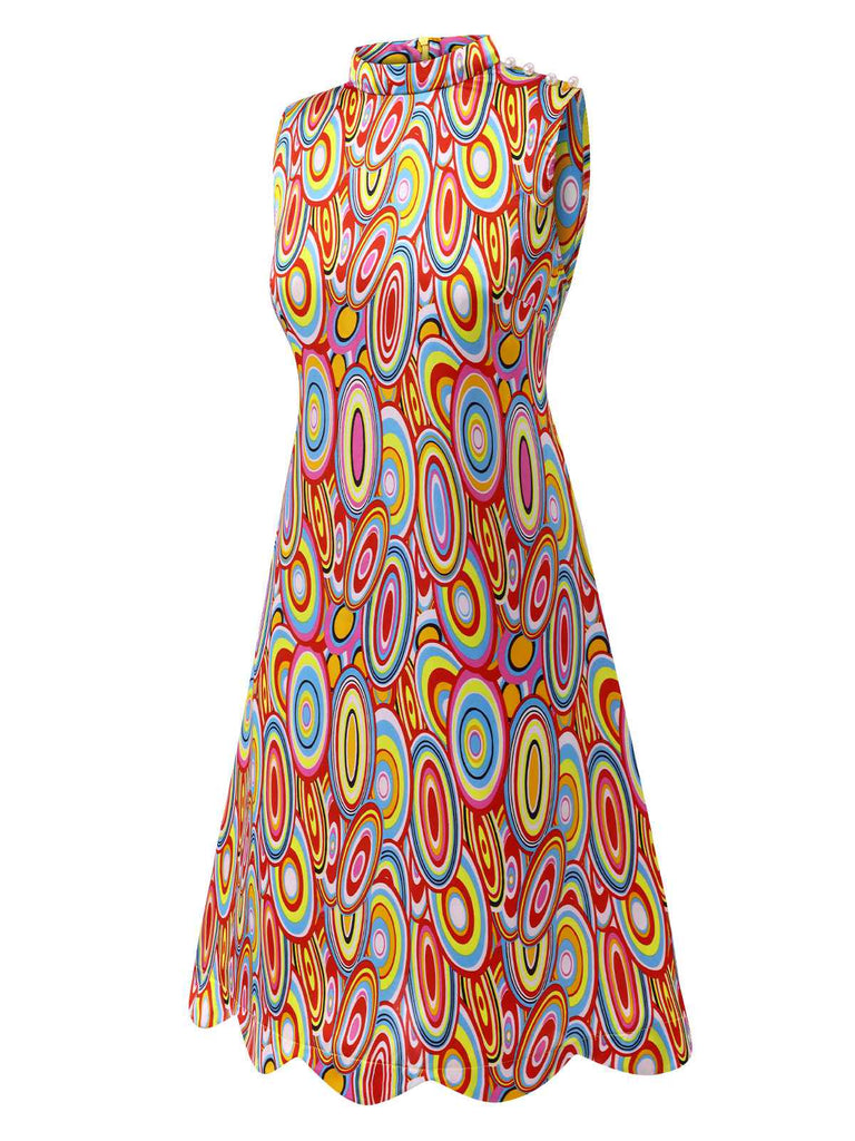 Multicolor 1960s Pearl Button Sleeveless Dress