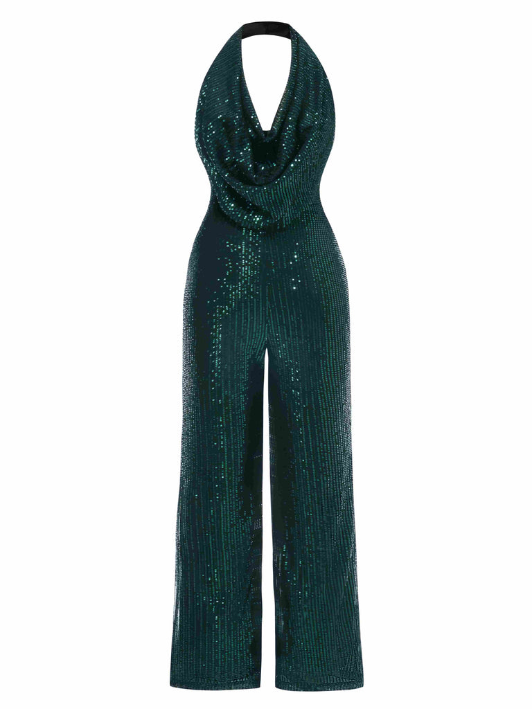 1930s Solid Cowl Neck Halter Sequined Jumpsuit