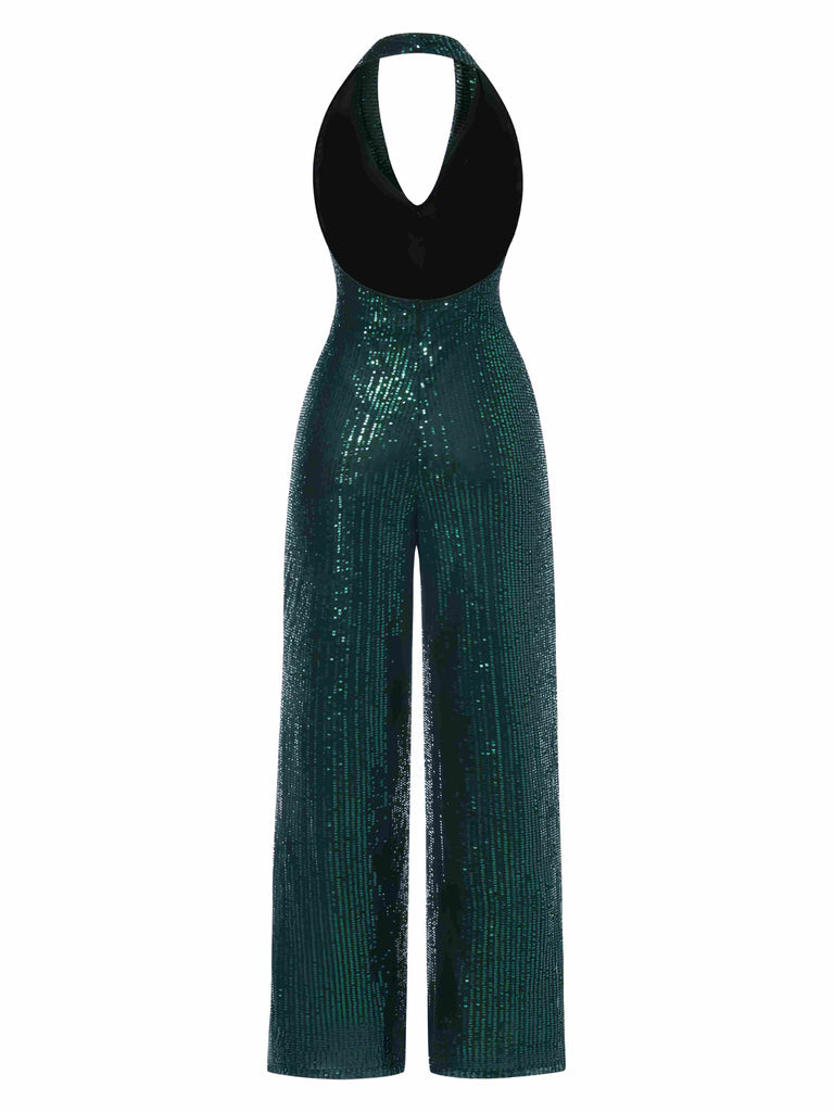 1930s Solid Cowl Neck Halter Sequined Jumpsuit