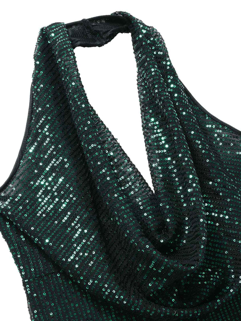 1930s Solid Cowl Neck Halter Sequined Jumpsuit