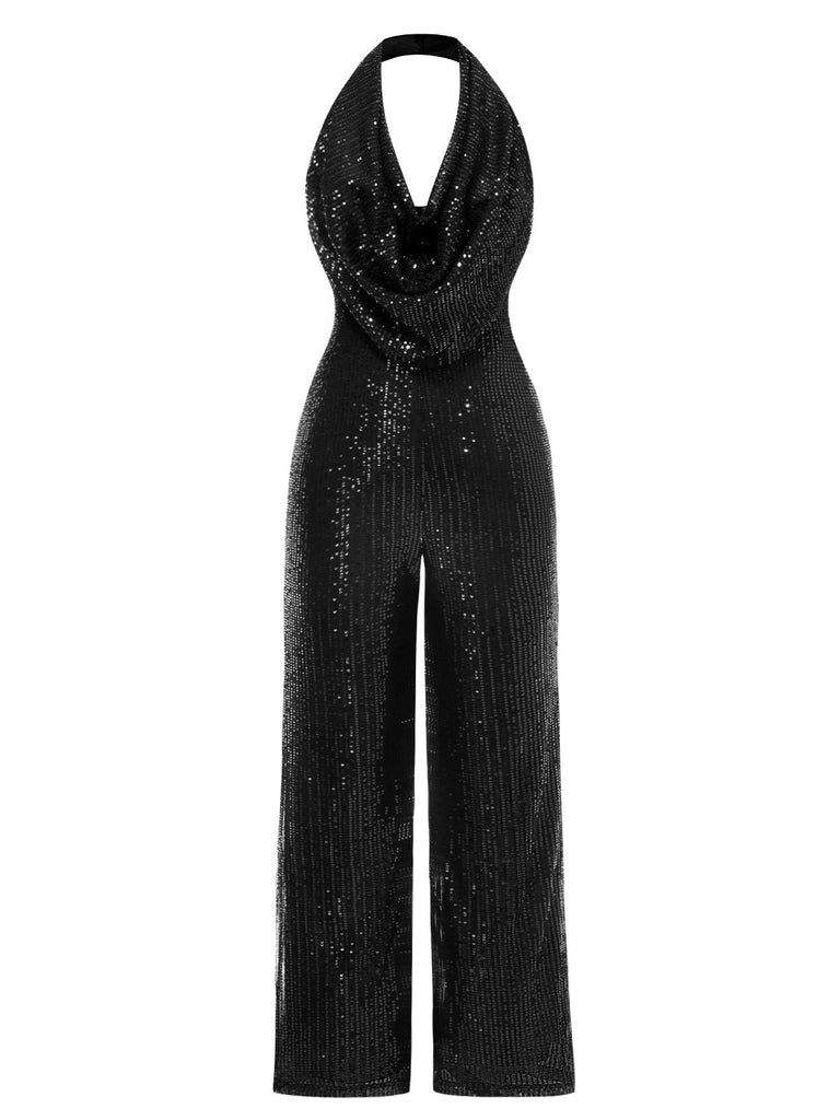 1930s Solid Cowl Neck Halter Sequined Jumpsuit