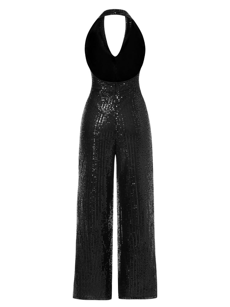 1930s Solid Cowl Neck Halter Sequined Jumpsuit