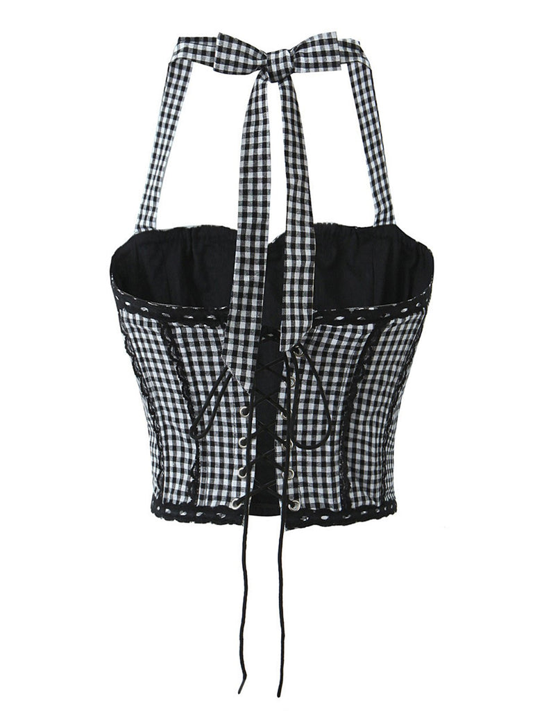 1950s Gingham Plaid Lace-Up Halter Crop Camisole