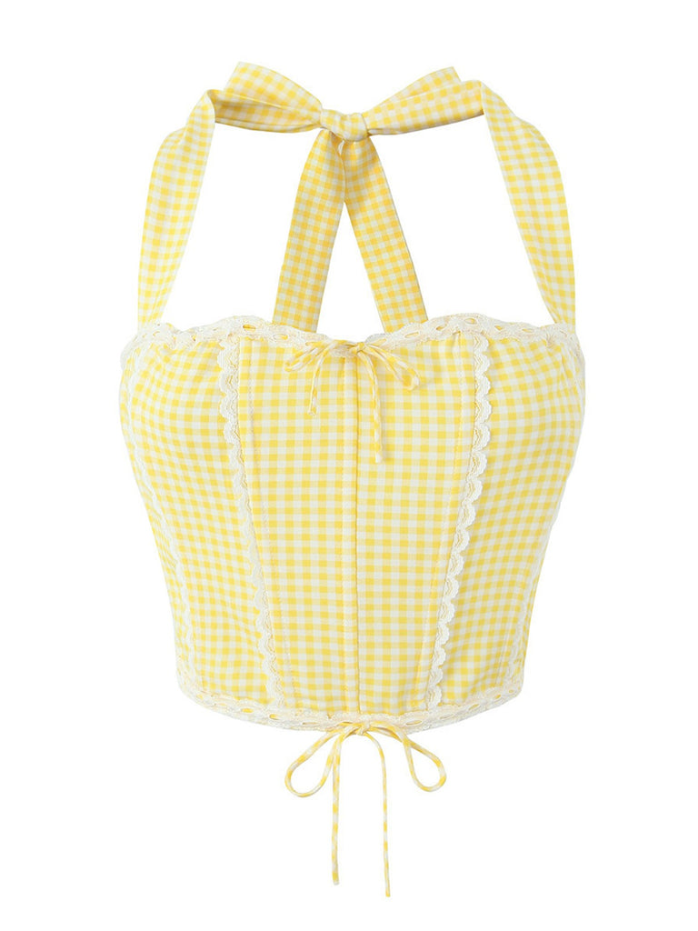 1950s Gingham Plaid Lace-Up Halter Crop Camisole