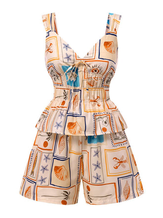 2PCS Multicolor 1940s Marine Life Prints Top & Shorts