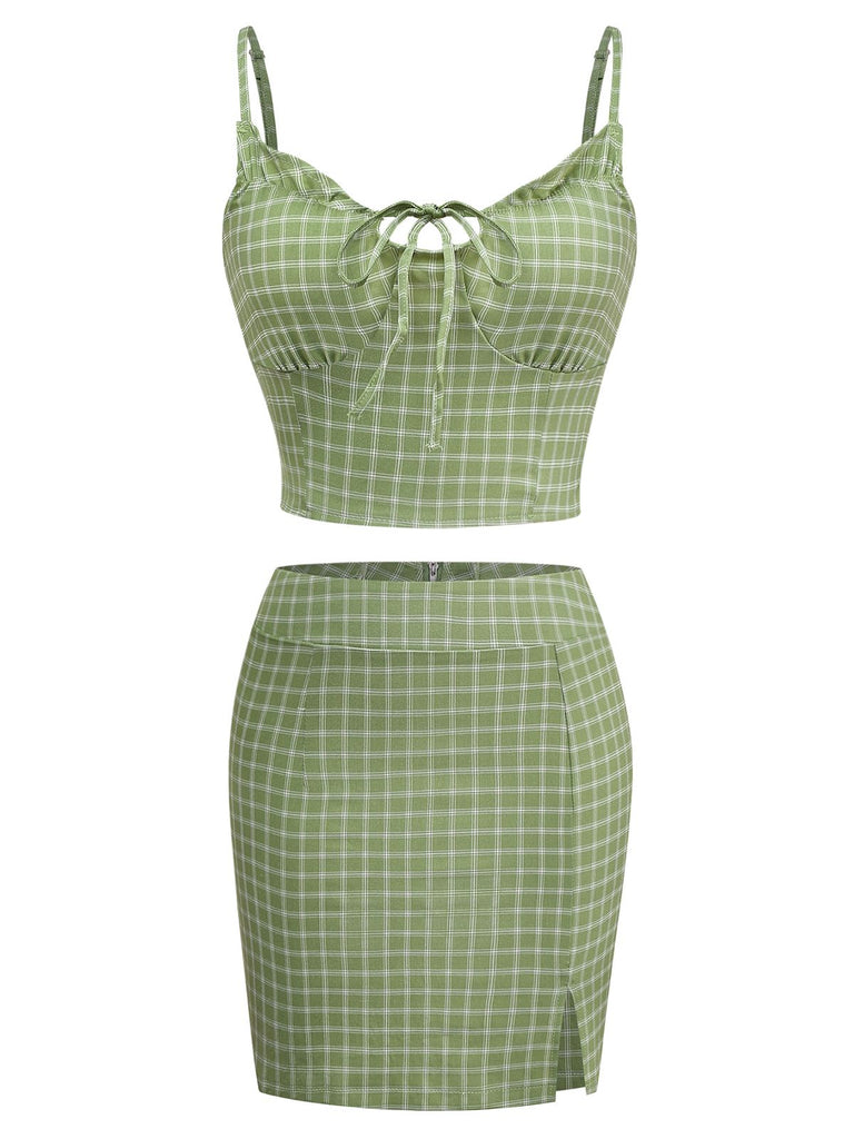 2PCS Green 1960s Plaid Camisole & Pencil Skirt